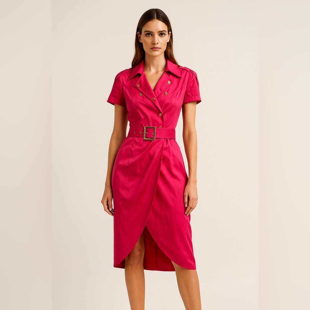 ✨👗 Cache Satin Fuchsia Belted Trench-Style Wrap Dress — Size 4‎ 👗✨
